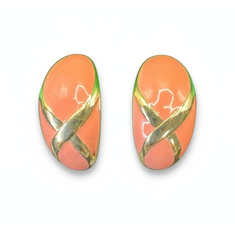 Vintage Gold-Tone Pink Enamel Clip-On Earrings With X Design